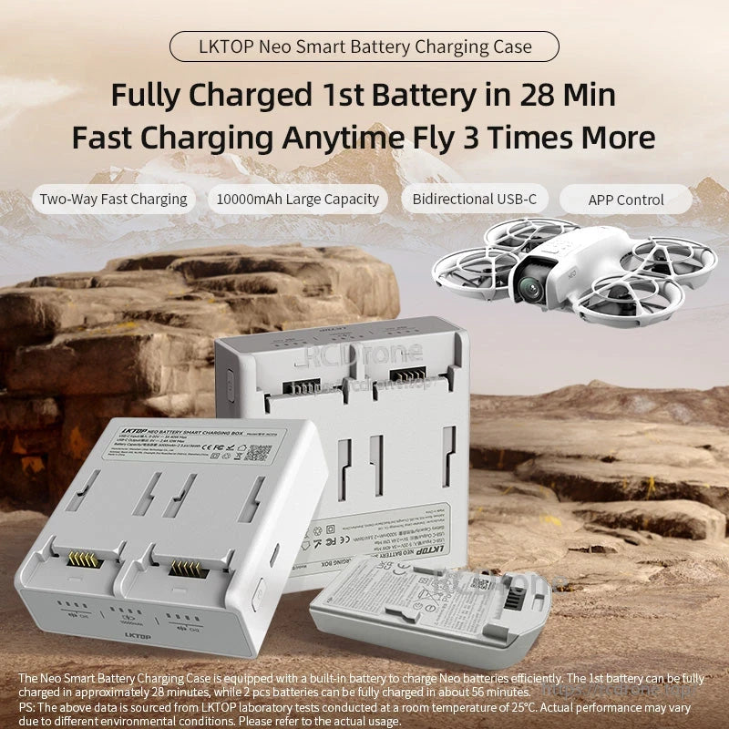 LKTOP Neo Charger, LKTOP Neo case charges drones in 28 mins, holds 10,000mAh, supports three flights, and features USB-C and app control.