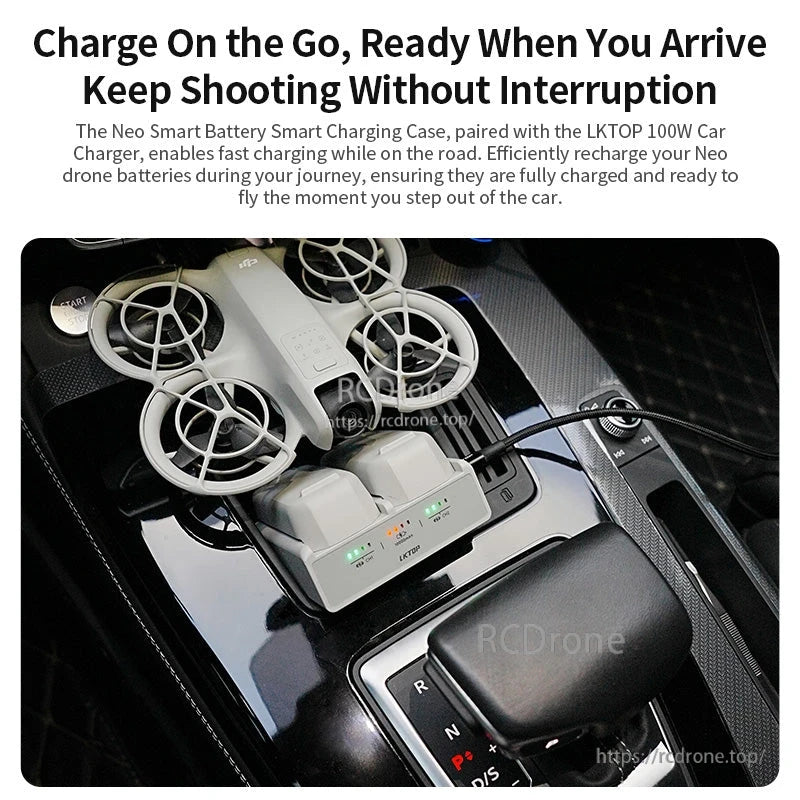 LKTOP Neo charger enables fast in-car drone battery charging, ensuring flight readiness for mobile photographers and travelers.