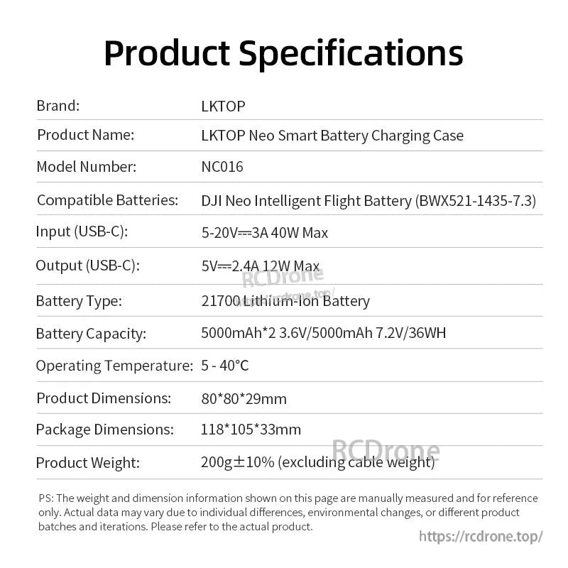 LKTOP Neo Charger, The LKTOP Neo NC016 charges DJI Neo batteries, with 5000mAh capacity, 5–20V input, and operates within 5–40°C.