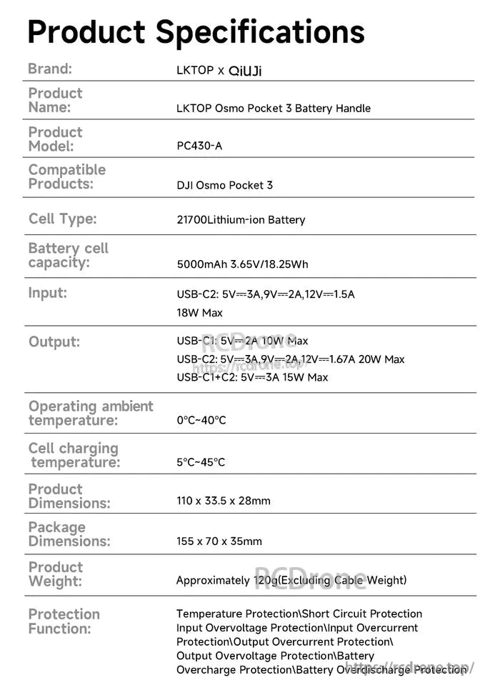 LKTOP Pocket 3 Battery, LKTOP QiUJi PC430-A battery handle for Osmo Pocket 3: 5000mAh, USB-C, multiple outputs, temp protection, 120g, operating range 0°C–40°C.