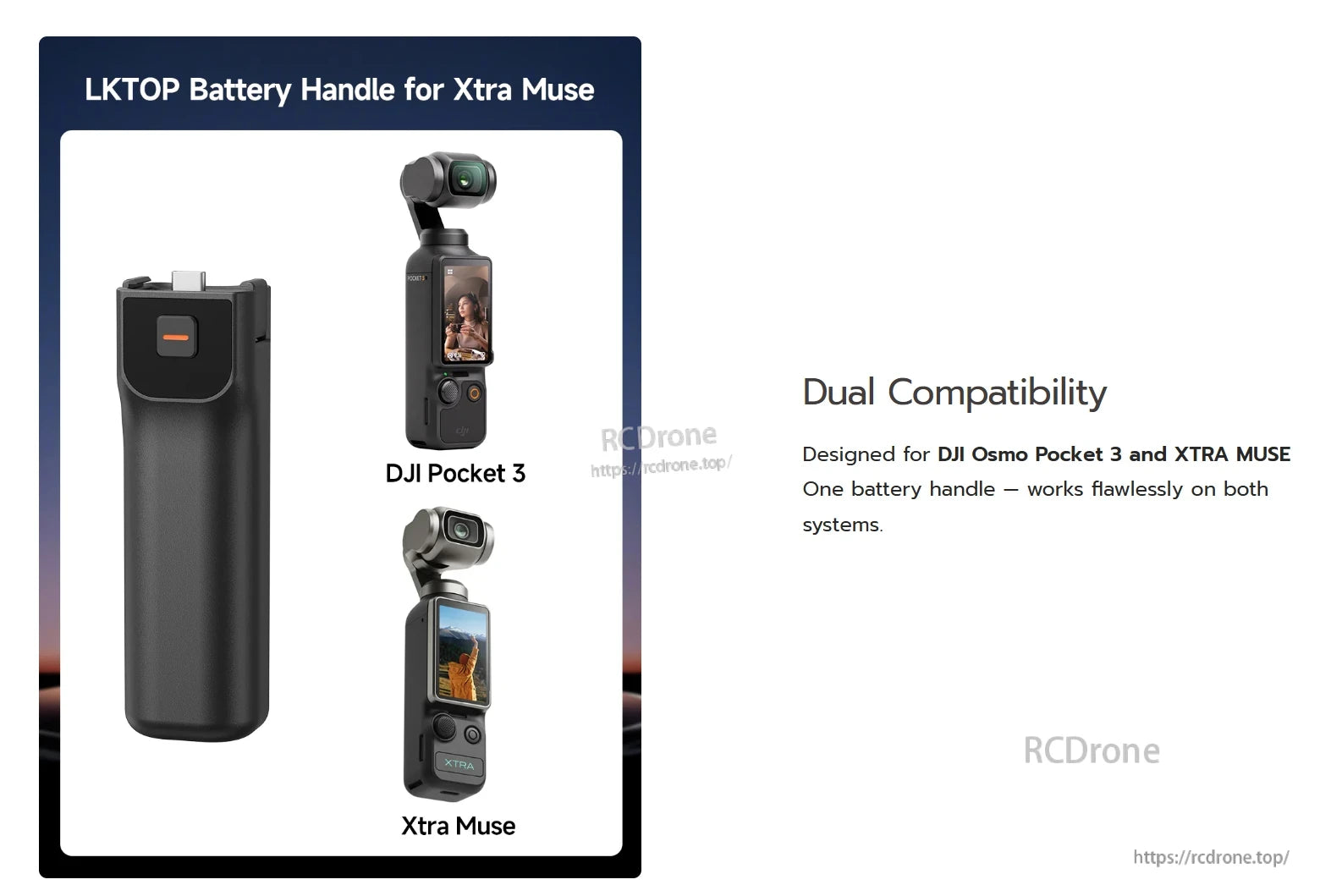 LKTOP Pocket 3 Battery, LKTOP Battery Handle supports DJI Osmo Pocket 3 and Xtra Muse with dual-system compatibility for seamless use.