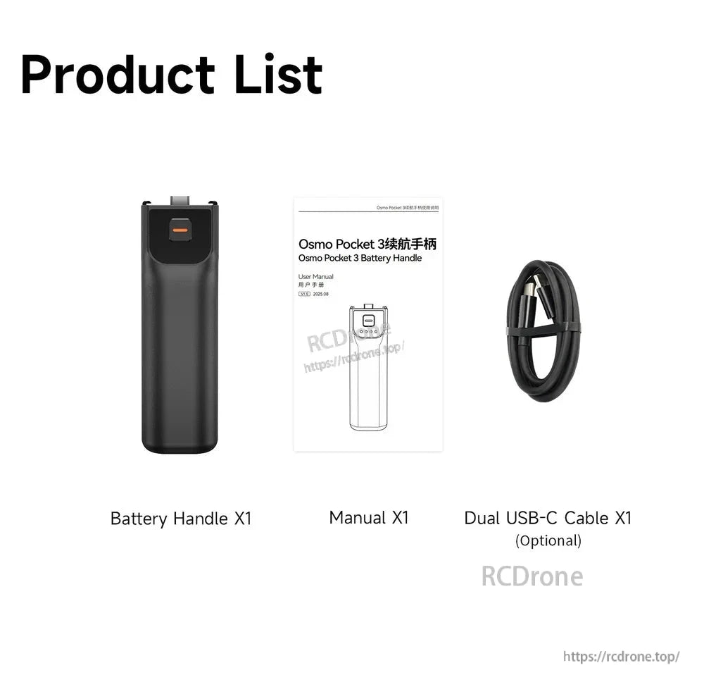 LKTOP Pocket 3 Battery, Osmo Pocket 3 includes battery handle, manual, optional dual USB-C cable, and a clear product list with quantities.