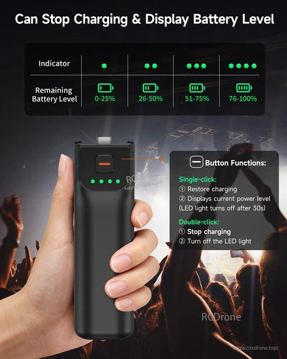 LKTOP Pocket 3 Battery, Device shows battery via 1–4 LEDs, controls charging with clicks, has USB-C and 1/4" mount, compatible with DJI Osmo Pocket 3 and Xtra Muse.