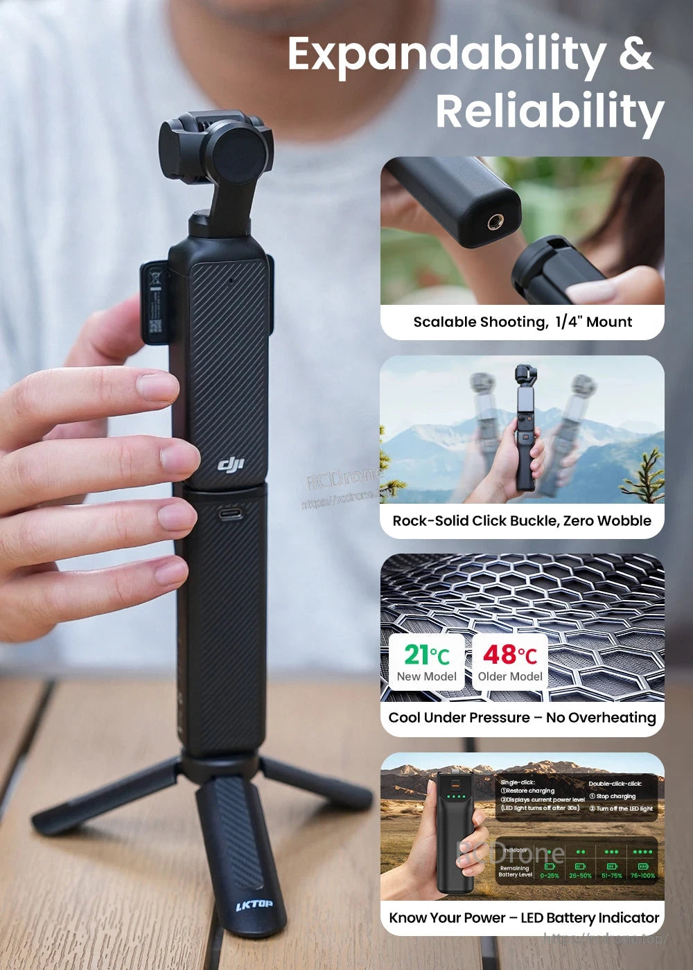 The LKTOP Pocket 3 Battery Handle provides expandability, reliability, cool operation, and an LED battery indicator via a 1/4" mount and secure buckle.