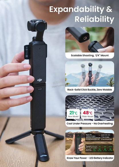 The LKTOP Pocket 3 Battery Handle provides expandability, reliability, cool operation, and an LED battery indicator via a 1/4" mount and secure buckle.