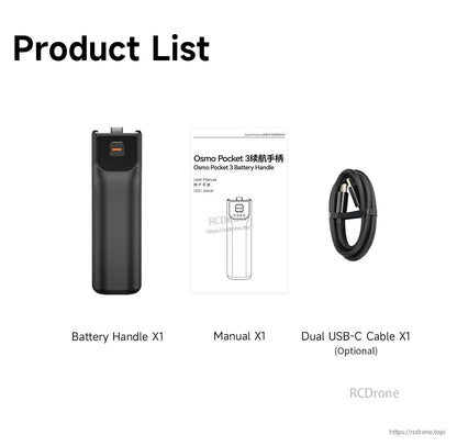 LKTOP Pocket 3 Battery, Includes labeled black Battery Handle, bilingual manual with illustration, and optional coiled Dual USB-C Cable secured with a strap.