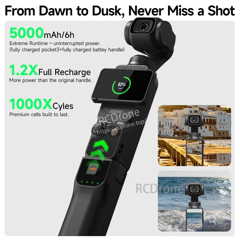 LKTOP Pocket 3 Battery, 5000mAh battery handle for DJI Osmo Pocket 3 offers 6h runtime, 1000 cycles, USB-C, and 1/4" mount for all-day shooting.