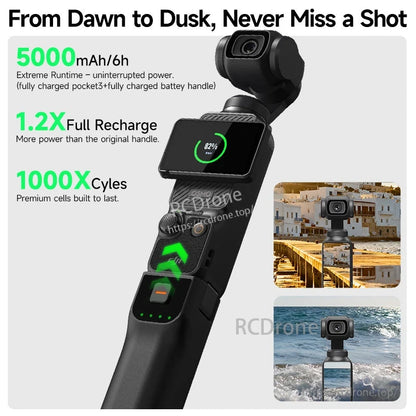 LKTOP Pocket 3 Battery, 5000mAh battery handle for DJI Osmo Pocket 3 offers 6h runtime, 1000 cycles, USB-C, and 1/4" mount for all-day shooting.
