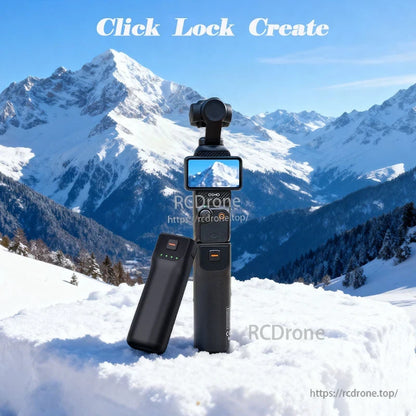 LKTOP Pocket 3 Battery, Click Lock Create: Snowy mountain scene with gimbal device.