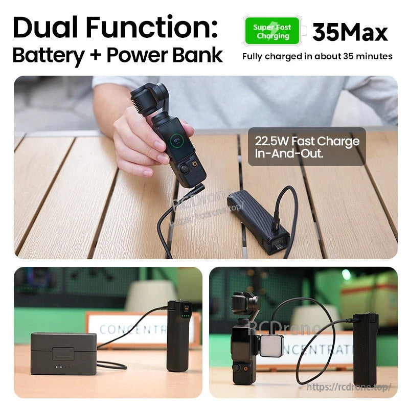 LKTOP Pocket 3 Battery, Dual-function battery/power bank with 22.5W fast charging, USB-C, 35-minute full charge, and 1/4in mount.