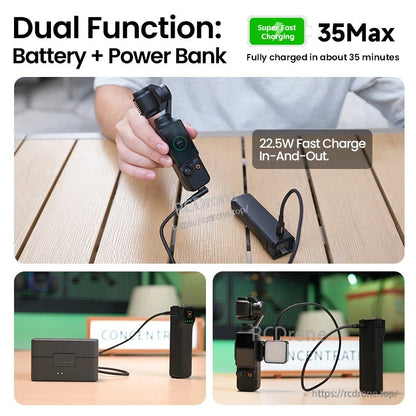 LKTOP Pocket 3 Battery, Dual-function battery/power bank with 22.5W fast charging, USB-C, 35-minute full charge, and 1/4in mount.