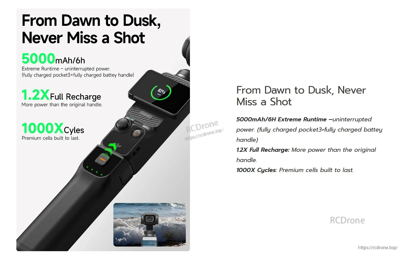 LKTOP Pocket 3 Battery, 5000mAh battery delivers 6-hour runtime, 1.2x more power, 1000 cycles, and premium durability for all-day shooting.