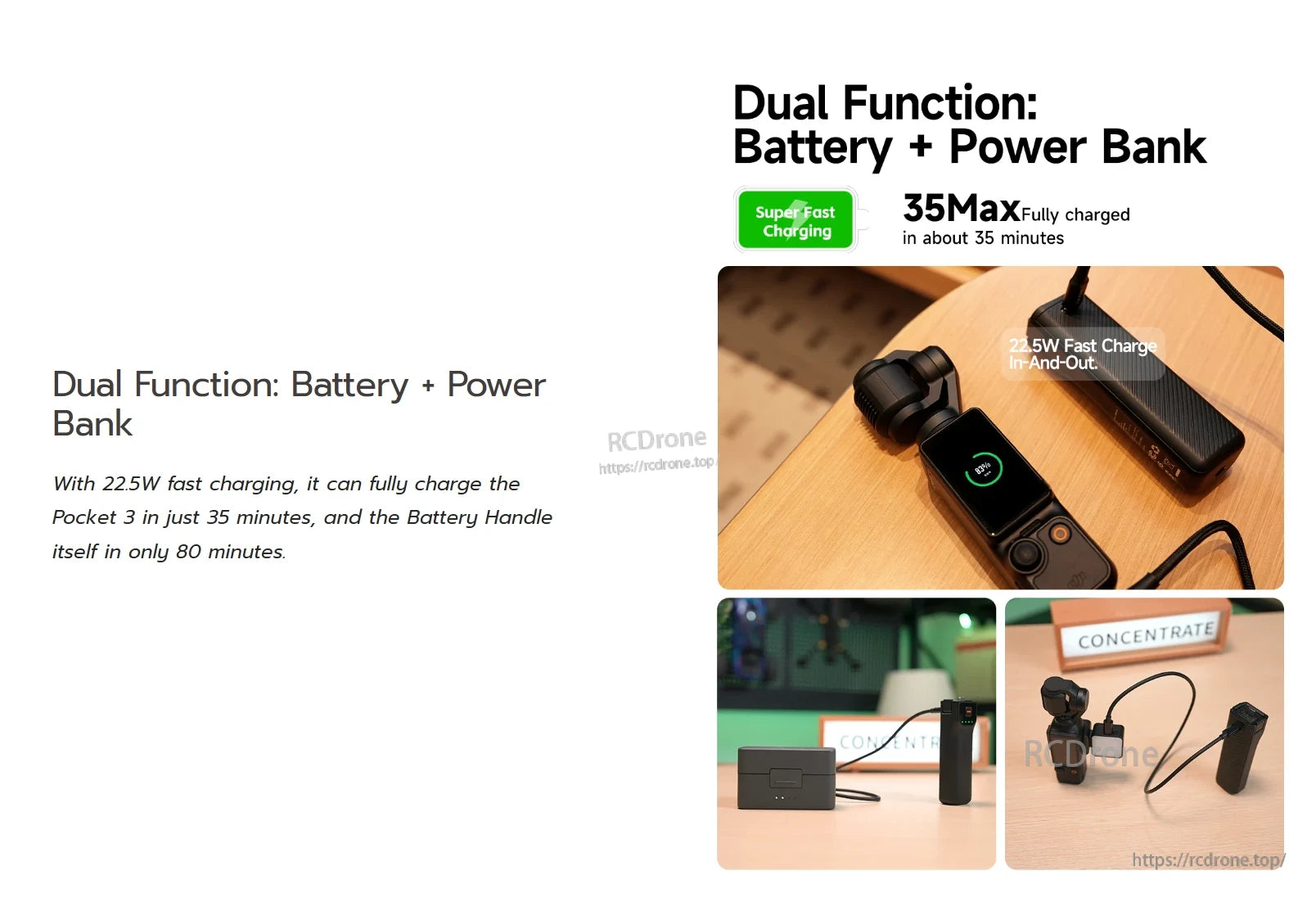 LKTOP Pocket 3 Battery, Dual-function battery/power bank fast-charges Pocket 3 in 35 mins and self-charges in 80 mins with 22.5W super fast charging.