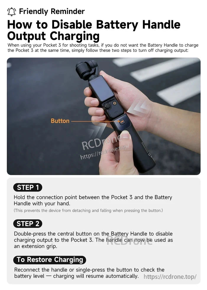 LKTOP Pocket 3 Battery, Disable Pocket 3 battery charging by double-pressing the central button; restore with a single press or reconnection to prevent detachment.
