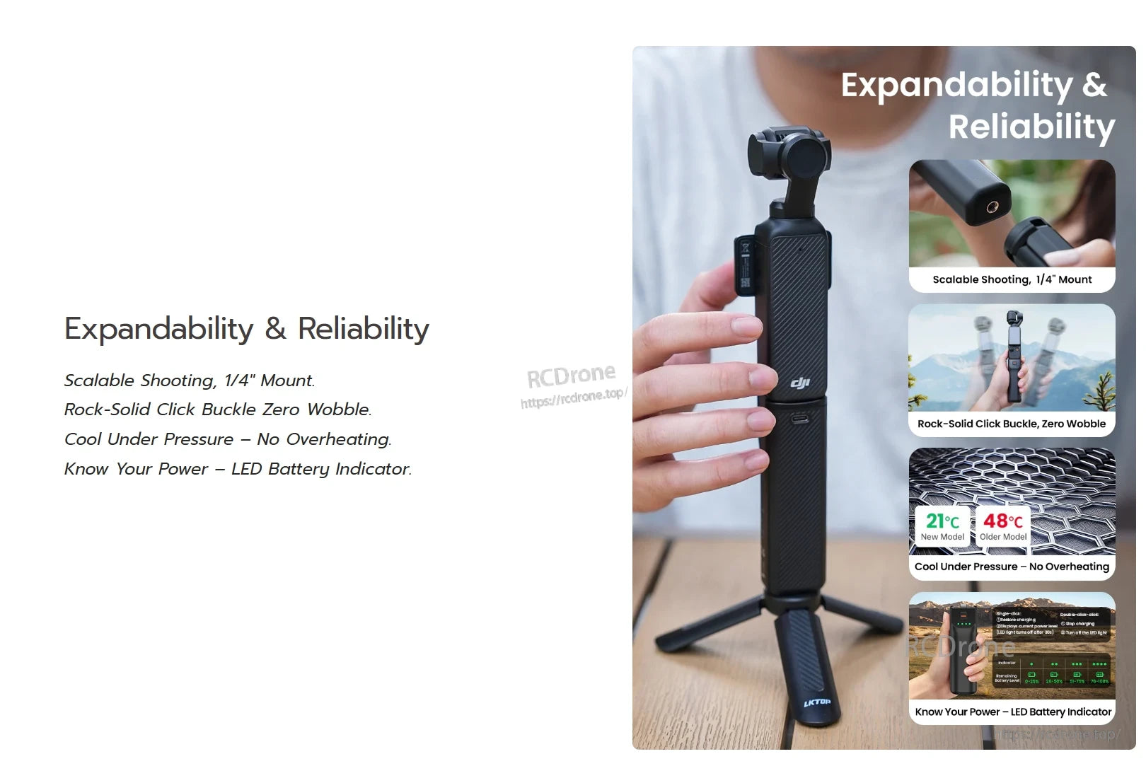 LKTOP Pocket 3 Battery ensures reliable, scalable shooting with secure mount, no wobble, cool operation, and LED power indicator.
