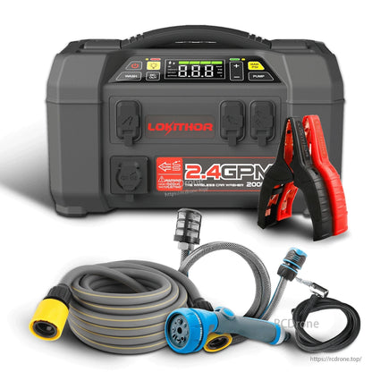 LOKITHOR AW401 portable jump starter and car washer kit with digital display, jumper clamps, hose and spray nozzle
