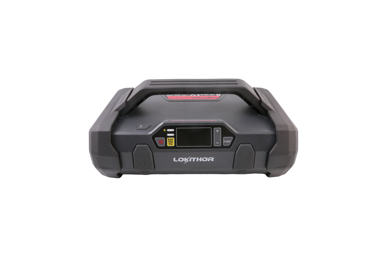 LOKITHOR ApartX portable jump starter with integrated air compressor, carry handle, and digital display controls