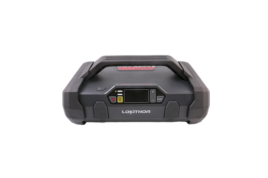 LOKITHOR ApartX portable jump starter with integrated air compressor, carry handle, and digital display controls
