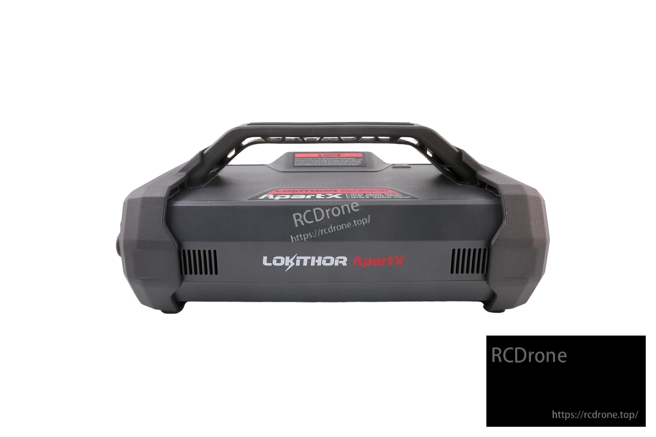 Front view of LOKITHOR ApartX portable jump starter unit with integrated carry handle and side vents