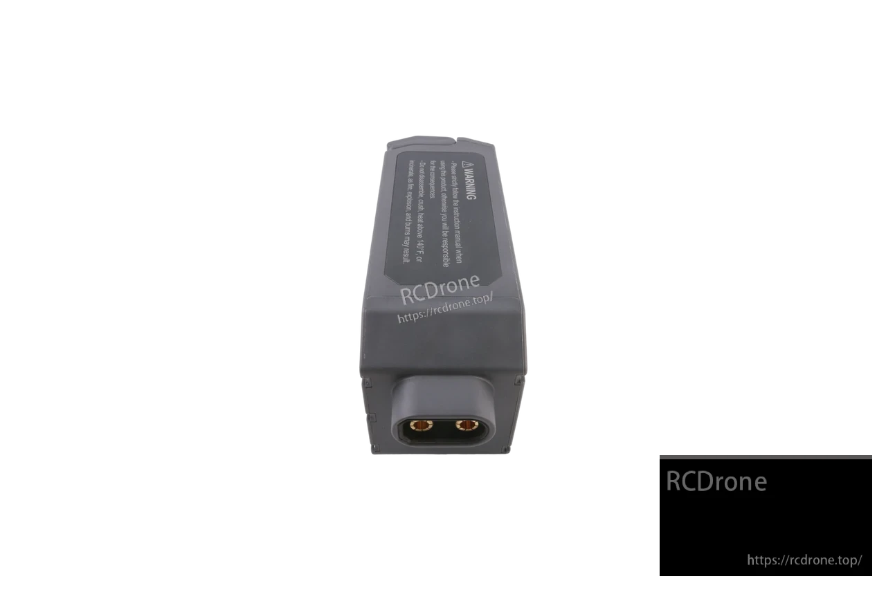 Gray detachable battery module with warning label and two-pin power connector on the end