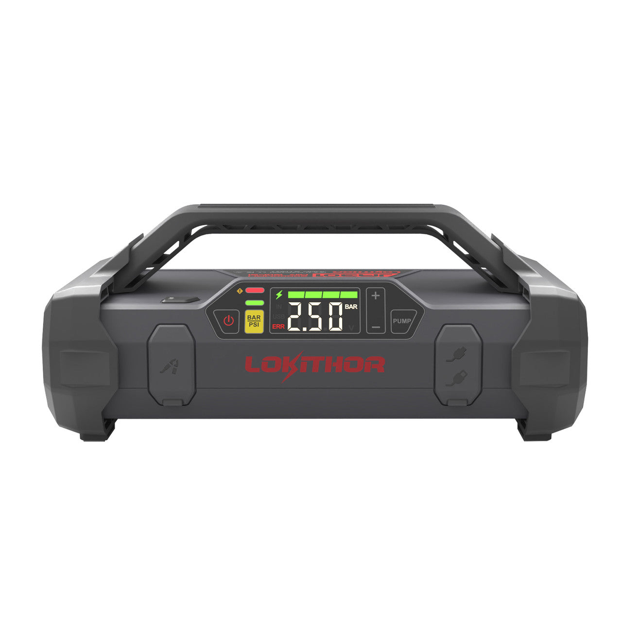 LOKITHOR JA301 jump starter with built-in air inflator, carry handle, and digital pressure display with pump controls