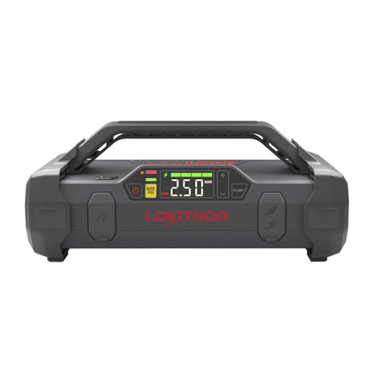 LOKITHOR JA301 jump starter with built-in air inflator, carry handle, and digital pressure display with pump controls