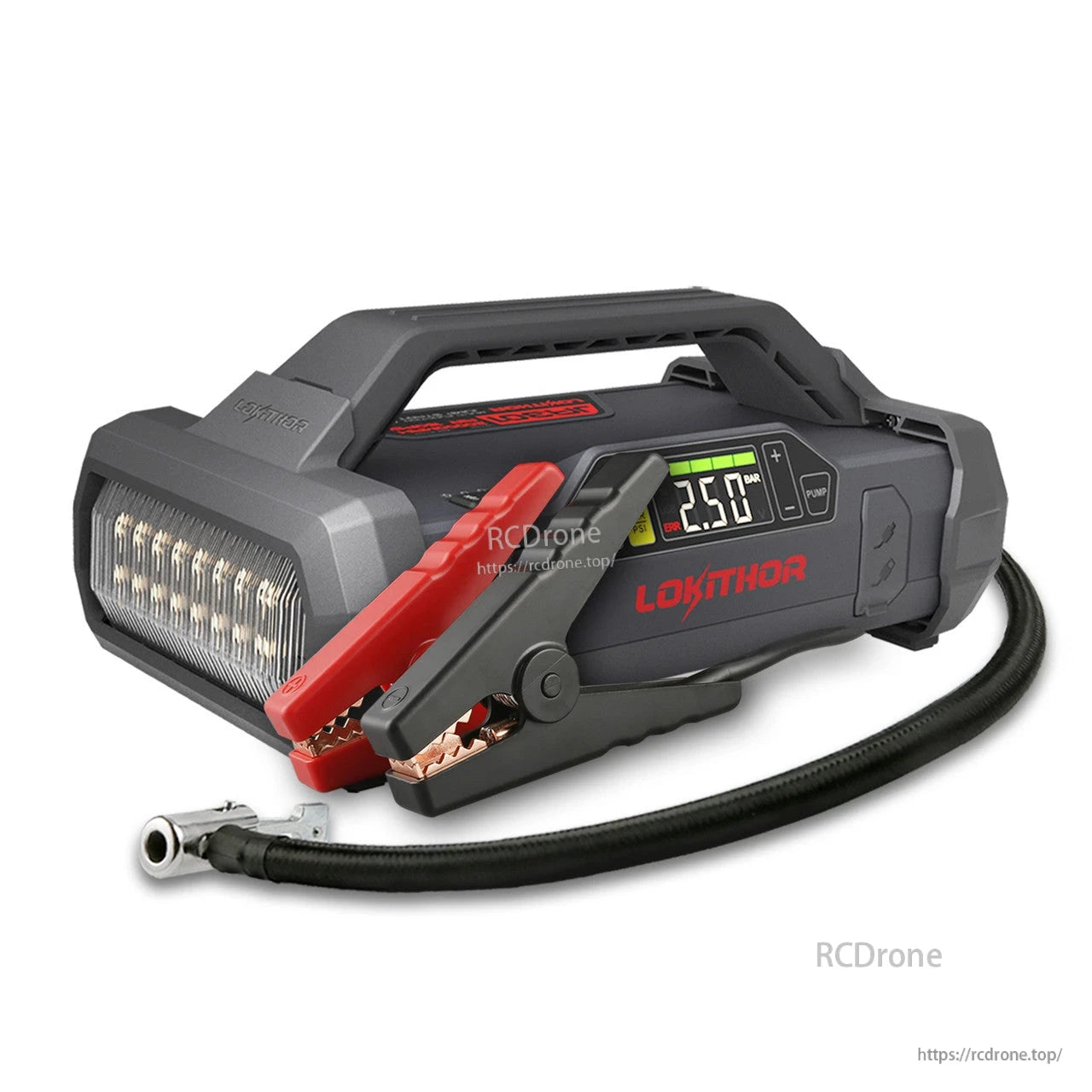 LOKITHOR JA301 12V jump starter with air inflator hose, LED light panel, and digital pressure display