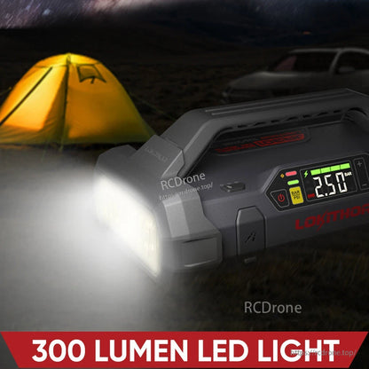 LOKITHOR JA301 portable jump starter with built-in air inflator, LCD pressure display and 300-lumen LED light