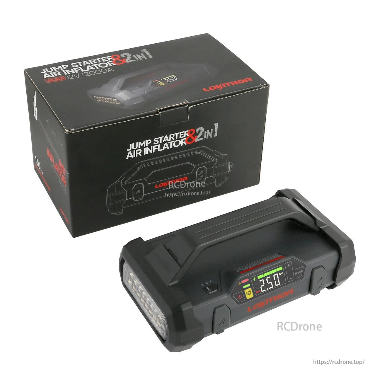 LOKITHOR JA301 2-in-1 jump starter and air inflator with digital pressure display, LED light, and retail box