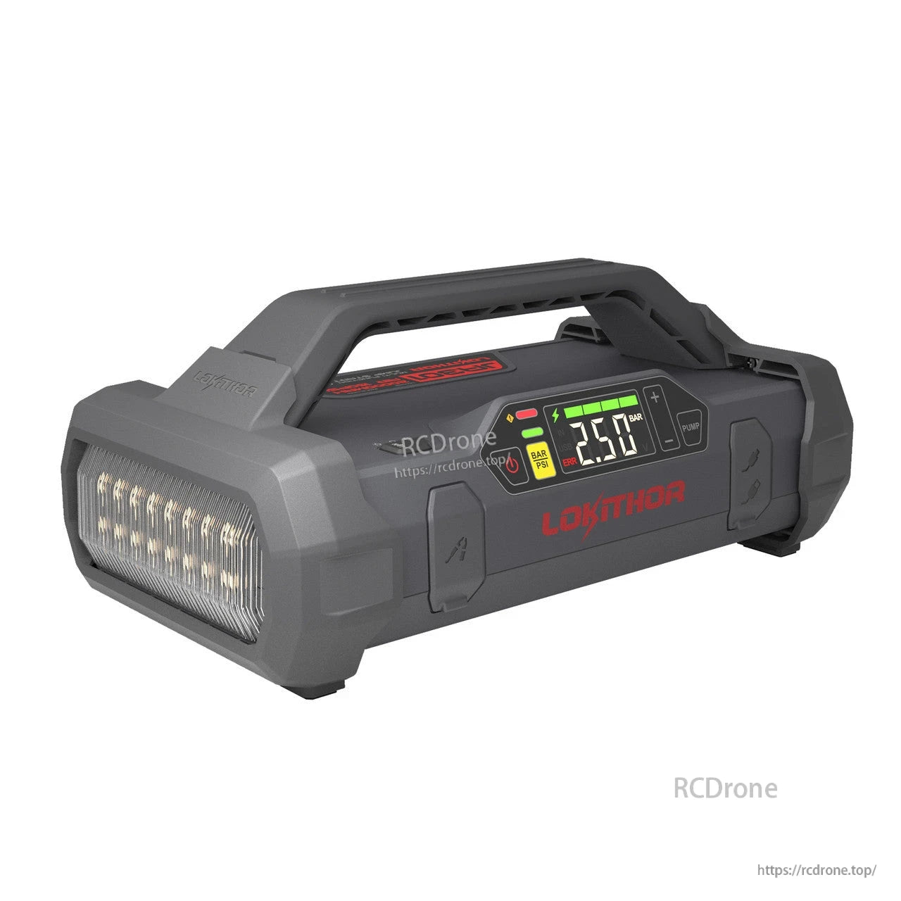 LOKITHOR JA301 portable 12V car jump starter with built-in air inflator, carry handle, LED light and LCD display