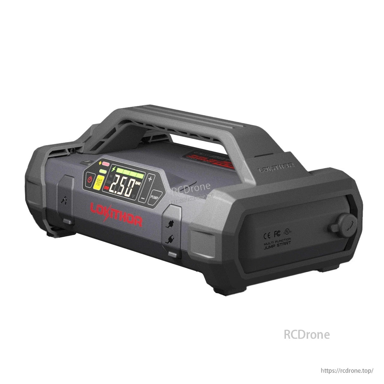 LOKITHOR JA301 portable car jump starter with built-in air inflator, carry handle, and digital pressure display