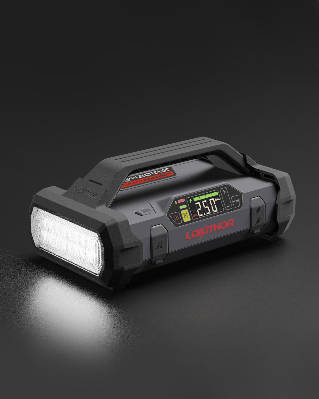 LOKITHOR JA302 2500A 12V Car Jump Starter, LOKITHOR JA302 portable car jump starter with built-in air compressor, LED work light, and digital pressure display