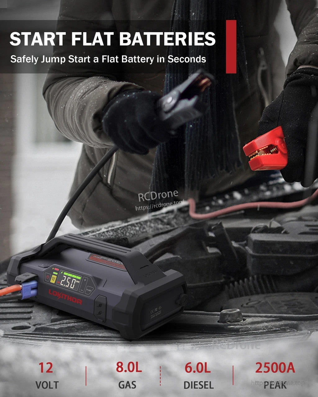 LOKITHOR JA302 2500A 12V Car Jump Starter, LOKITHOR JA302 12V car jump starter with battery clamps, digital display and 2500A peak rating