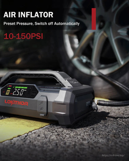 LOKITHOR JA302 2500A 12V Car Jump Starter, LOKITHOR portable air inflator with digital display and hose connection, preset pressure auto shutoff, 10–150 PSI