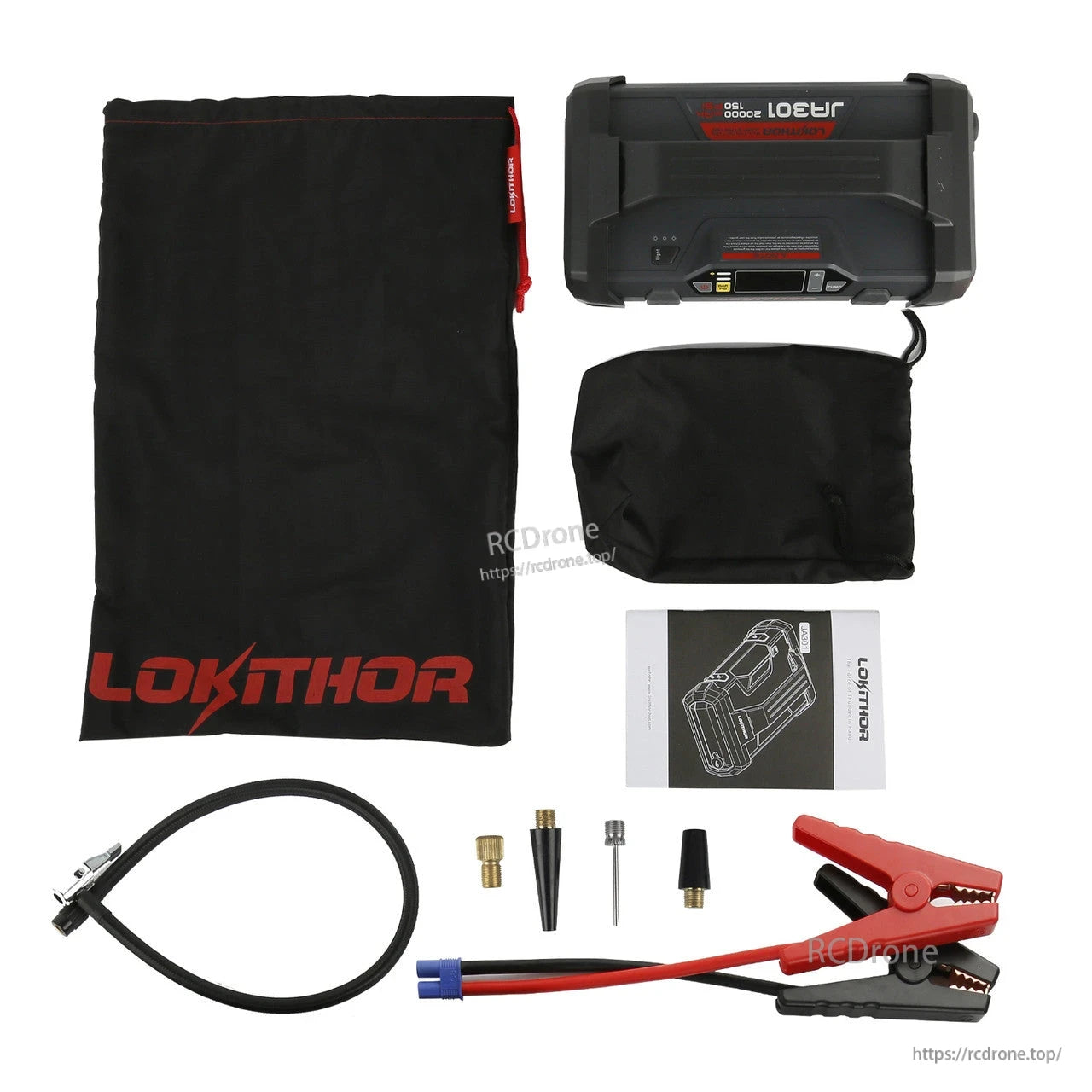 LOKITHOR JA302 2500A 12V Car Jump Starter, LOKITHOR JA302 12V car jump starter kit with main unit, jumper clamps, air hose, adapters, bags and manual