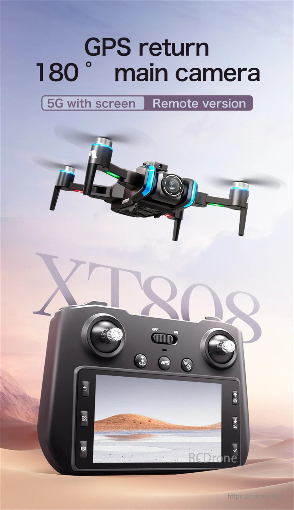 LSRC XT808 GPS Drone, XT808 drone features GPS return, 180° main camera, and 5G screen remote version.