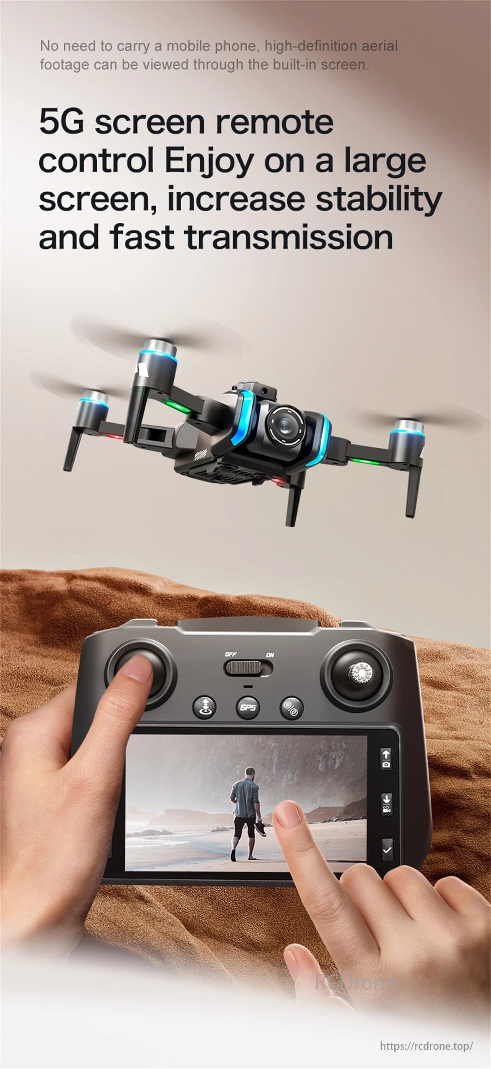 LSRC XT808 GPS Drone, No phone needed; view high-definition aerial footage on the built-in screen with a 5G remote control for stability and fast transmission.