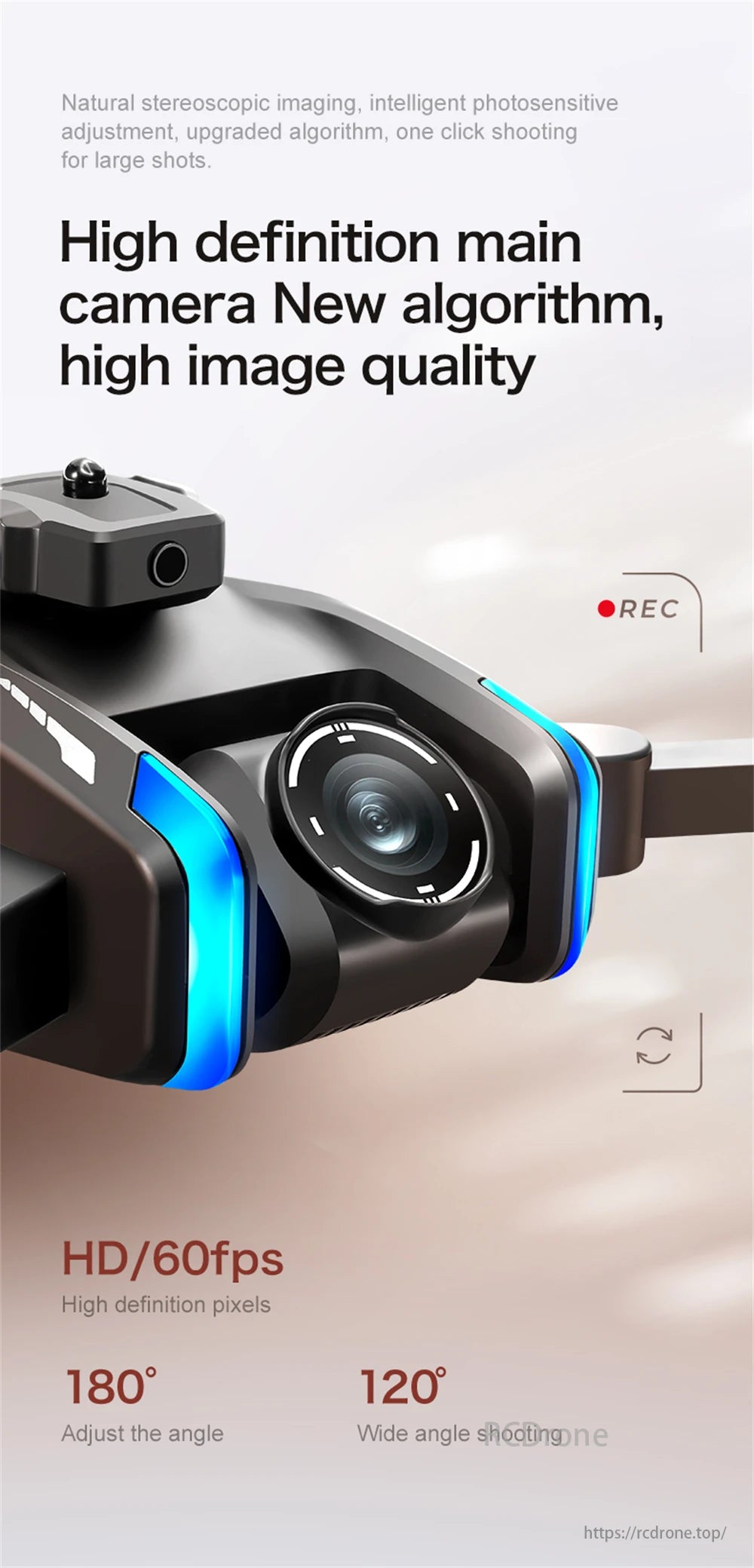 LSRC XT808 GPS Drone, Advanced drone features include natural stereoscopic imaging, intelligent light adjustment, upgraded algorithms, one-click large shots, and HD/60fps video at 180°/120° angles.