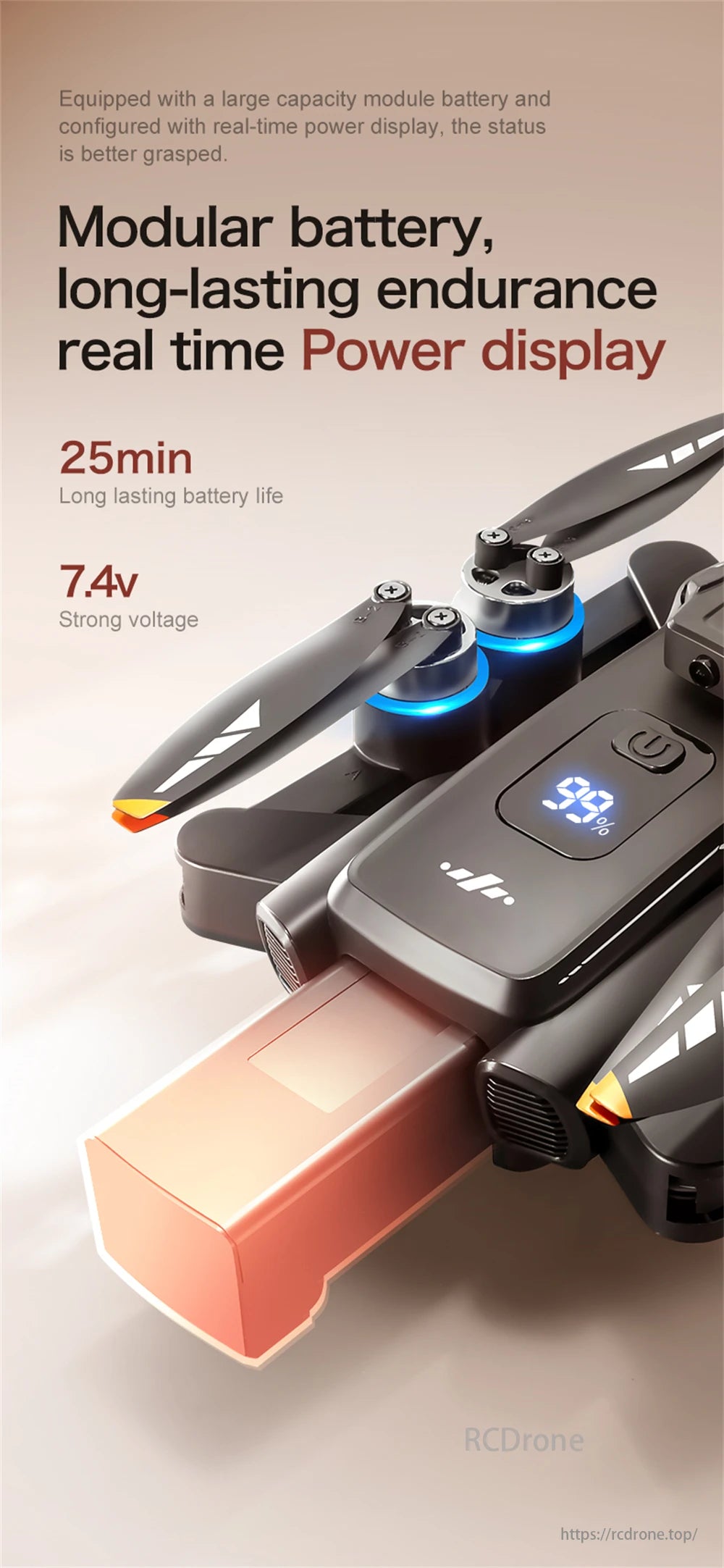 LSRC XT808 GPS Drone, Large capacity modular battery, real-time power display, 25-minute endurance, 7.4V voltage.