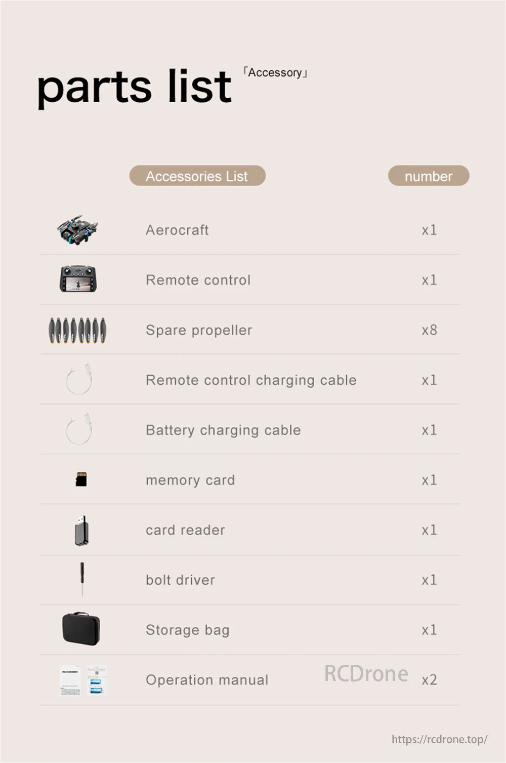 LSRC XT808 GPS Drone, The parts list includes: aerocraft, remote control, spare propellers, charging cables, memory card, card reader, tools, storage bag, and manuals.