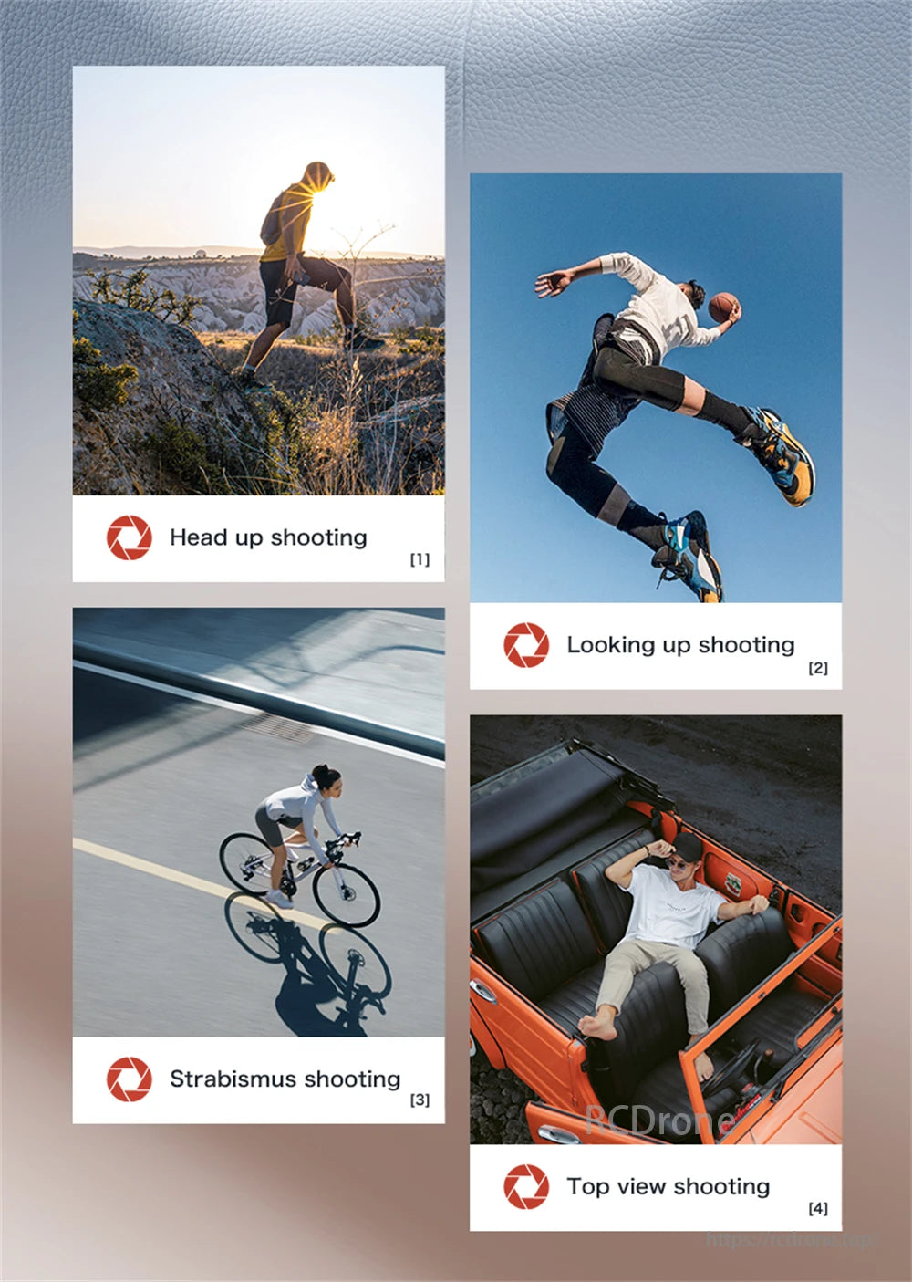 LSRC XT808 GPS Drone, Four photography techniques—head up, looking up, strabismus, and top view shooting—are demonstrated with different subjects and angles.