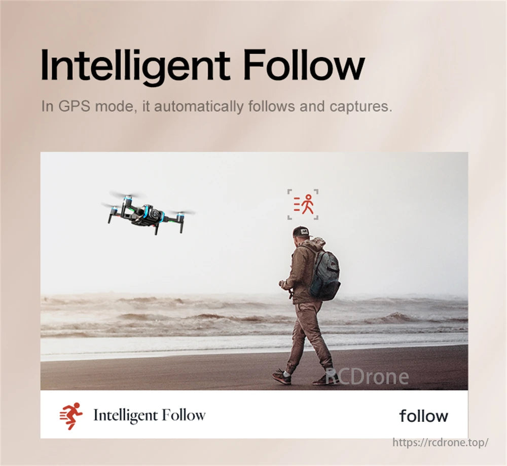 LSRC XT808 GPS Drone, Intelligent Follow allows the drone to automatically track and capture a person walking on the beach in GPS mode.