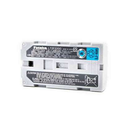 Rear view of Futaba LT2F2200 battery showing specification label, warning text, and connector port