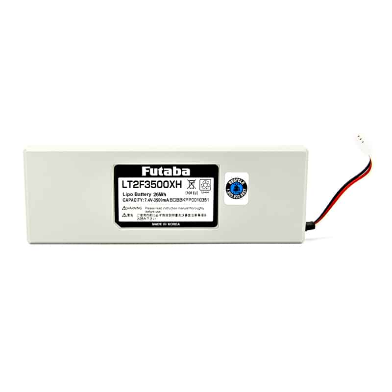 Futaba LT2F3500XH 7.4V 3500mAh LiPo Battery pack with LT2F3500XH label and lead wires