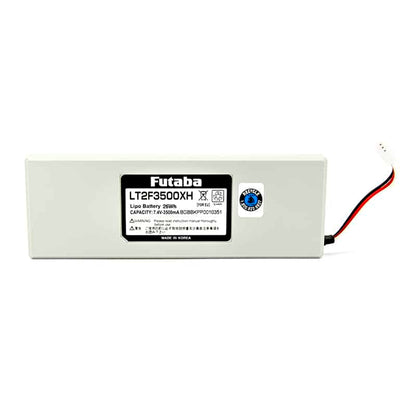 Futaba LT2F3500XH 7.4V 3500mAh LiPo Battery pack with LT2F3500XH label and lead wires