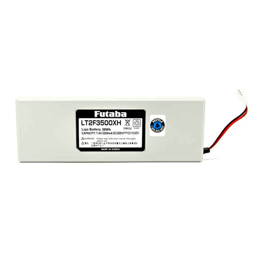 Futaba LT2F3500XH 7.4V 3500mAh LiPo Battery pack with LT2F3500XH label and lead wires