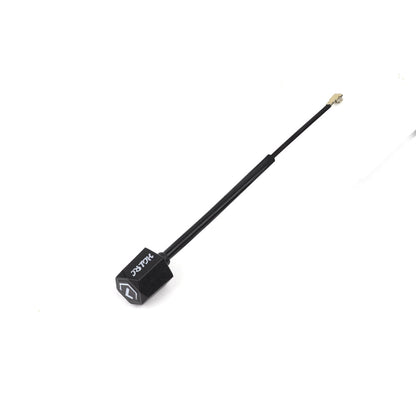 Single mini hammer-style FPV antenna angled view, black housing with long coax lead and connector