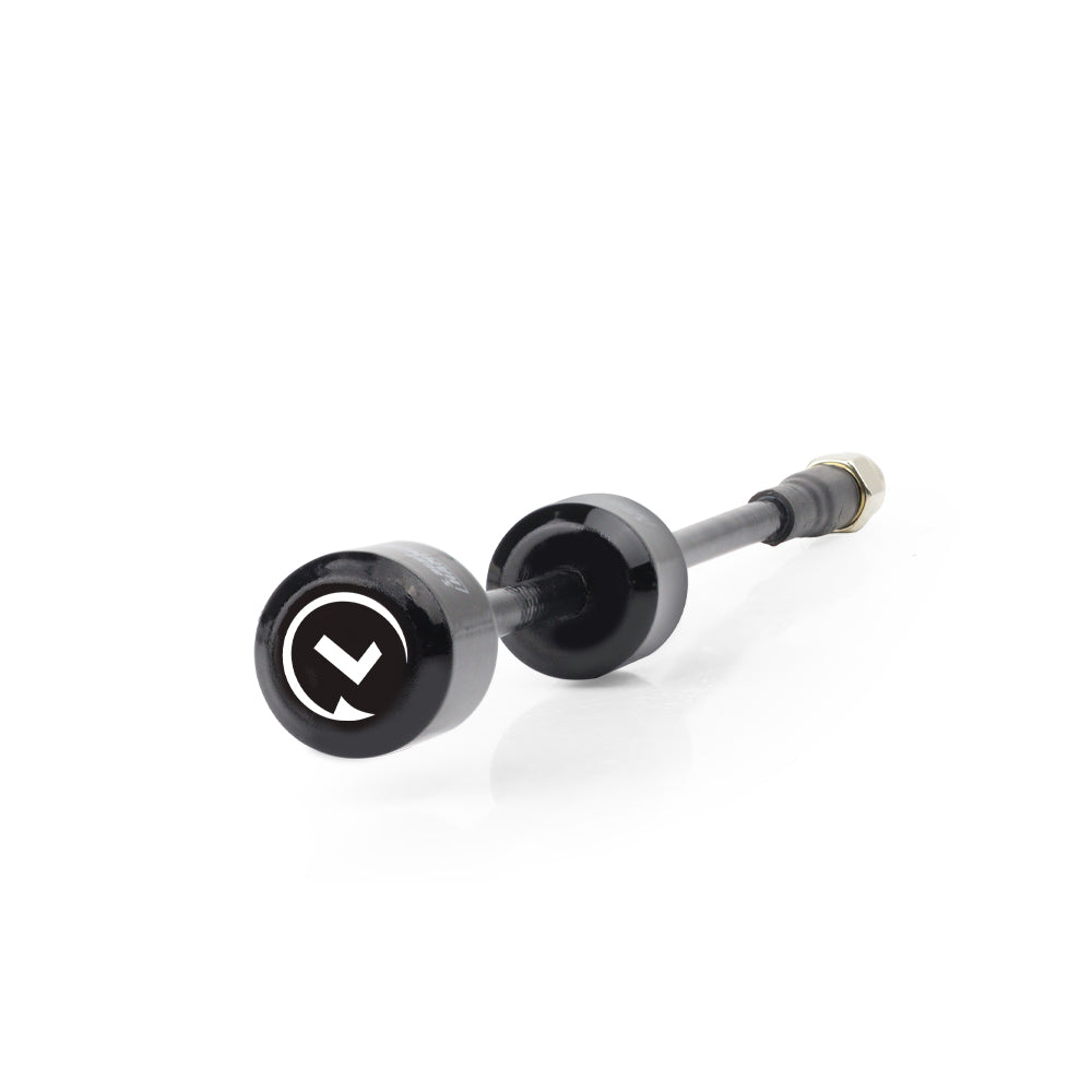 Angled side view of dual hammer-head antenna body with coax lead and SMA connector