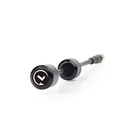 Angled side view of dual hammer-head antenna body with coax lead and SMA connector