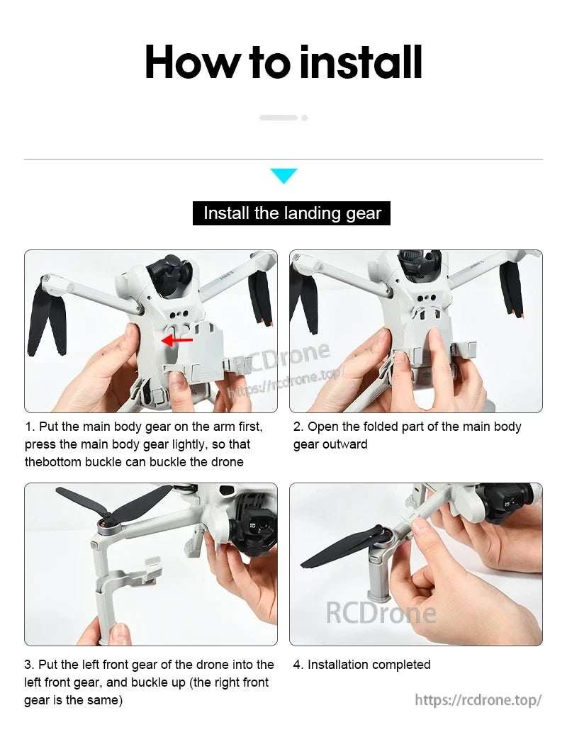 Landing Gear, Attach main gear to arm, unfold, insert front gears, secure. Installation complete. (17 words)